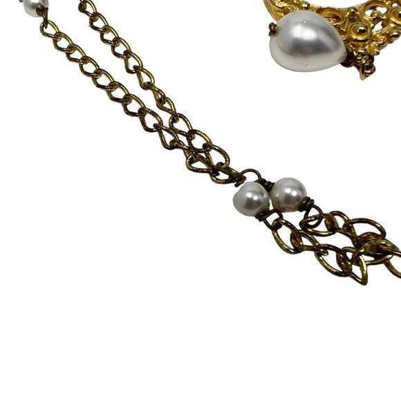 Vintage Florenza Necklace Long Statement Gold Tone Pearl Stations and Pendant - Picture 4 of 6